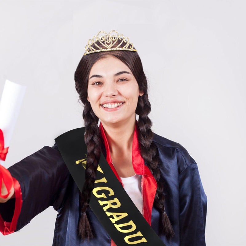 CAVETEE Graduation Crown and Sash Set, Gold 'I Graduated' 2024 Congratulations Party Decorations, Women's Grad Tiara and Sash, 2024 Grad Cap Decorations - Image 3